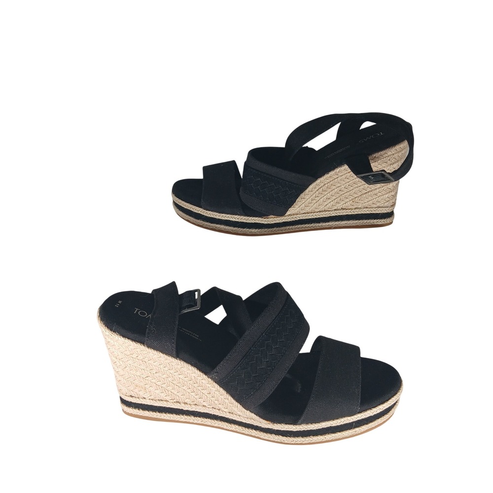 TOMS Monica Espadrille Wedge Sandals Size 10 Black Canvas Platform Boho Chic